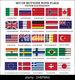 Set di banner con bandiere. Illustrazione colorata con le bandiere del mondo per il web design. Bandiere bandiere con belle curve. Illustrazione Vettoriale con sfondo bianco. Illustrazione Vettoriale