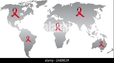 Mappa del mondo con set di aids day consapevolezza nastri Illustrazione Vettoriale