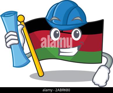 Allegro architetto bandiera malawi stile cartoon holding stampe blu Illustrazione Vettoriale