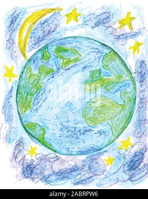 Stilizzata disegnata a mano stile pianeta Terra con le stelle. Illustrazione Vettoriale