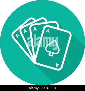 Ace Poker quads lineare piana lunga ombra icona. Carte da gioco deck. Casino segno. Linea del vettore simbolo Illustrazione Vettoriale