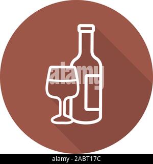 Vino lineare piana lunga ombra icona. Bottiglia di vino e vetro. Linea del vettore simbolo Illustrazione Vettoriale