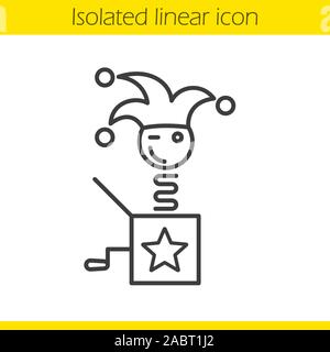 Jack in the box icona lineare. Winking clown sottile linea illustrazione. Jester giocattolo. Simbolo di contorno. Il vettore isolato disegno di contorno Illustrazione Vettoriale