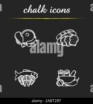 Categorie alimentari chalk set di icone. Negozio di alimentari prodotti. Carne, cereali, pesce e frutti di mare, spezie. Vettore isolato illustrazioni della lavagna Illustrazione Vettoriale