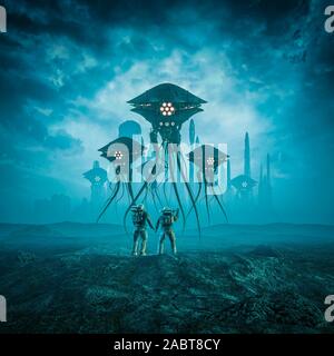 Sentinelle dell'alveare / 3D illustrazione di fantascienza scena mostrando gli astronauti incontrando robot città sul pianeta alieno Foto Stock