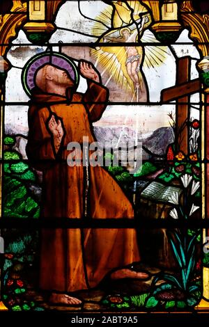 Saint Pierre cattedrale. San Francesco di Assisi. Finestra di vetro colorato. Annecy. La Francia. Foto Stock
