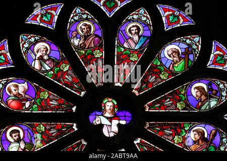 Saint Pierre cattedrale. Gesù e gli apostoli. Finestra di vetro colorato. Annecy. La Francia. Foto Stock