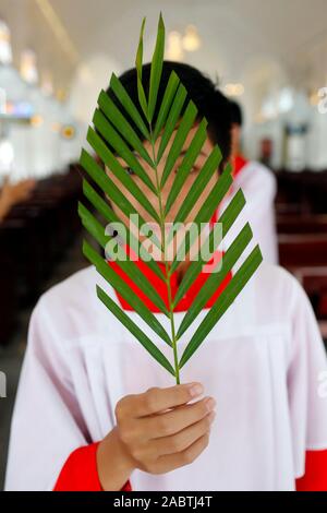 Domenica delle Palme. Altare ragazzo con un ramo di palma. Hoi An Cattedrale. Il Vietnam. Foto Stock