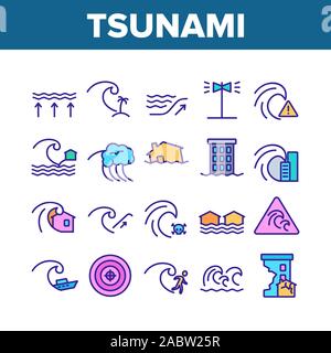Onda Tsunami elementi di una collezione di icone vettore Set Illustrazione Vettoriale