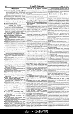 Nuove pubblicazioni. Applicazioni per il prolungamento dei brevetti, Scientific American, 1869-05-11 Foto Stock