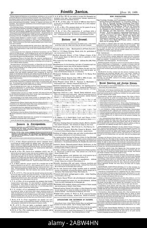 Applicazioni estensione FOB dei brevetti. Nuove pubblicazioni., Scientific American, 1869-07-11 Foto Stock