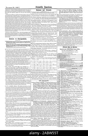 Nuove pubblicazioni. Rilasciato dall'Ufficio Brevetti degli Stati Uniti., Scientific American, 1869-11-20 Foto Stock