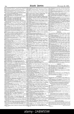 334 invenzioni brevettate in Inghilterra dagli americani. Le domande di proroga dei brevetti. Fatti per il Signore., Scientific American, 1869-11-20 Foto Stock