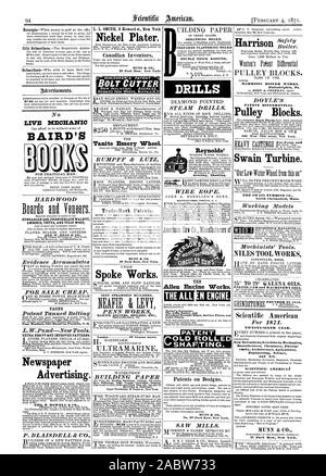 H LIVE BAIRD MECCANICO DI LATIFOGLIE DELLA CENERE UNGHERESE PRENCHBLACX AlIBONIE NOCE THUYA E TULIP WOOD GEO. W. Lettura & prove si accumula in vendita a buon mercato. Pagina del brevetto di cinturazione conciate  Pagina fratelli suola Manurrs Franklin N. H. L.W. PondNew strumenti. EXTRA PESANTE AD motivi migliorati. Pubblicità sui giornali. GE P. ROWELL & CO. P. B LAISDEL L & CO. L. L. SMITH 6 Howard st. New York. Nichel Plater. MUNN & CO. 37 Park Row New York. Vite Tanite coltello ruota smeriglio. RUMPFF & LUTZ 37 Park Row New York. Ha parlato di opere. Ferro da stiro a vapore costruttori. PENN LAVORA Londra 48 Cannon Street. Guaina di protezione pannello preparato intonacatura Foto Stock