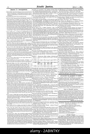 Le domande di proroga dei brevetti. Valore dei brevetti estesi. MUNN & CO. 3V Park Raw. Invenzioni brevettate in Inghilterra dagli americani. Brevetti stranieri., Scientific American, 1871-07-01 Foto Stock