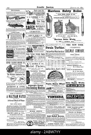 Standard bordi dritti la superficie delle piastre e le piastre ad angolo. SCHLENKER brevetto del bullone coltello la band ha visto la sua origine e n. 37 Park Row New York. Ingegneri 265 Broadway. JAMES W. QUEEN & CO. 24 Castagna a. Filadelfia 535 Broadway New York. L. L. SMITH 84 00. Nichel Platers 6 HOWARD ST. New York cemento PIETRA ARTIFICIALE & Emery WHEELh' BOSTON MASS. DIAMOND UTENSILI DI TORNITURA, Scientific American, 1871-08-26 Foto Stock