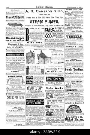 A nord di massa di Chelmsford BUI1 DING FUNE. 6 howard ST. New York w ARC iliTECT T. A. S. CAMERON & CO. Tecnici lavora piede di East 23d1 Street a New York City. Disastrosa esplosione praticamente testato FOIL DIECI ANNI. HARRISON CALDARERIE Weston il brevetto della puleggia del differenziale blocchi mulini di mais., Scientific American, 1871-09-30 Foto Stock