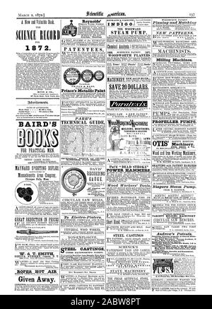 2 marzo 1872.1 1 8 7 2. MUNN & C 37 Park Row New York City. Torna a pagina . 91'00 Un lin all'interno della pagina . . 75 centesimi una linea Ginevra ceneva VIVAIO N. Y. ROPER ARIA CALDA dato l'Awa titolari principe della vernice metallica guida tecnica costruttore della meccanica degli strumenti. ORCHFSTRAL. Di medie e COLIBRI MATHUSHEK PIANOFORTE FORTES. Il LEGNO WARD pompa a vapore. Nuovo e 2d-it:terra 59 di ferro e di legno Macchinari di lavoro. Pompa OTIS BROS. dr CO. Scopare con brevetto brevetto appendiabiti migliorare]) varietà macchinari di stampaggio regolabile e la silenziosità di attrito o scanalate orientata paranco. era adatto a ogni desidera. Sicurezza Smoke-Burning caldaie Foto Stock