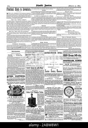 Avvertenze. Per fare una domanda per un brevetto. Ristampe. Marchi di fabbrica. I brevetti di design. I casi respinti. I brevetti europei. MUNN & CO. 37 Park Row New York. Valore dei brevetti estesi. Prgctical accenni agli inventori. Mow posso ottenere un brevetto I Mow posso meglio fissare la mia invenzione ? Da un esame preliminare. Gli agenti FUORI WANTEDJUST splendidamente illustrato edizione popolare FENIMORE COOPER'S PREMI E TERMINI DI CLUB. D. APPLETON & CO. Crogiolo di editori di getti di acciaio e garantisce ogni indicatore di vapore per due anni. UTICA INDICATORE VAPORE CO.Iltical N.Y Torna a pagina . 81'00 una linea all'interno della pagina 75 centesimi una linea e Rare Foto Stock