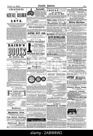 Niagara pompa a vapore. Andrew's brevetti. Attrito Noiselesst scanalata o orientata paranco archivio di sicurezza degli ascensori. Prevenire gli infortuni se la fune la cinghia e la rottura del motore. Sicurezza SmokeBurning caldaie. 100-potenza. Pompe centrifughe 100 a 100000 galloni fango sabbia, ghiaia del carbone di granella con ecc. fuori del pregiudizio. Invio di circolari. U. S. Pianoforte Co 865 Broadway New York., Scientific American, 1872-03-23 Foto Stock