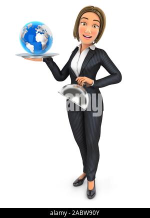 3d business woman holding ristorante cloche con terra, illustrazione isolato con sfondo bianco Foto Stock