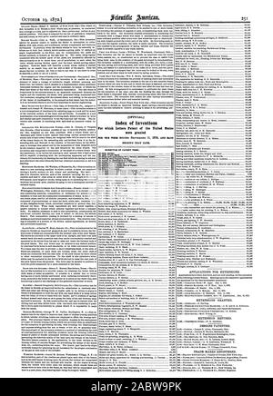 Indice delle invenzioni per le quali lettere di Brevetto degli Stati Uniti sono stati concessi, Scientific American, 1872-10-19 Foto Stock