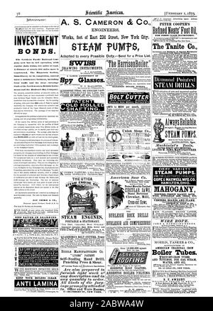 A. S. CAMERON & CO. Tecnici lavora piede di East 23d Street a New York City. fU legami di investimento. l'egli Northern Pacific Railroad Com pany ha ora in pieno funzionamento con regolari treni giornalieri 321 miglia di strada. A distanza di quasi 200 miglia più è costruito. La sezione del Minnesota immediatamente sul suo completamento inserito su di un soddisfacente business tra cui il traffico locale e il grande commercio portante della Northwestern British Settle sione e la Compagnia della Baia di Hudson. JAY COOKE & CO. Mantenere il vostro caldaie pulita. LAMINA ANTI AMERICAN LA tITGQA ° "". motori a vapore portatili e stazionari. Migliorata Foto Stock