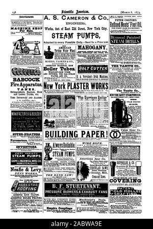 A. S. CAMERON & CO. Tecnici lavora piede di East 23d Street a New York City. sit g4dvat1ontuntt macchina negozio per la vendita di carbone americano ferro i tubi della caldaia. Ferro battuto DI TUBI E RACCORDI PER GAS acqua vapore e olio. N° 15 GOLD ST NEW YORK. Un mogano H UNGARIAN in legno di cedro di cenere ecc. Schede di impiallacciature e asse. GEORGE W. Lettura & CO bullone coltello( 'l'Harrison Boilor.' dell'impostazione originale. È più difficile e costoso da estrarre e sostituire il normale ferro battuto caldaia HARRISON CALDARERIE PETER COOPER raffinato lints' olio di piede di punta di diamante della AMERICAN DIAMOND DRILL CO. No. 81 Foto Stock