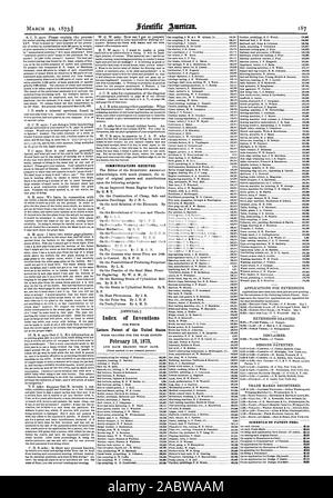 Comunicazioni ricevute. 'Ufficiale. Indice delle invenzioni lettere di Brevetto degli Stati Uniti, Scientific American, 1873-03-22 Foto Stock