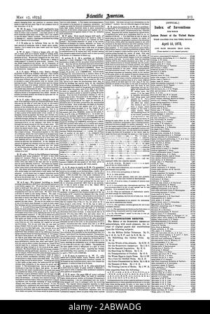 Comunicazioni ricevute. Indice delle invenzioni lettere di Brevetto degli Stati Uniti il 15 aprile 1873, Scientific American, 1873-05-17 Foto Stock