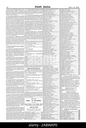 Comunicazioni ricevute. (Gazzetta. Indice delle invenzioni lettere di Brevetto degli Stati Uniti il 24 giugno 1873, Scientific American, 1873-07-26 Foto Stock