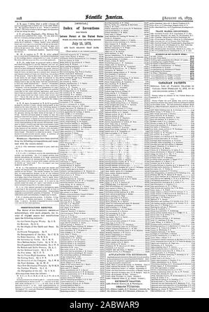 CORMITNICATIONS ricevuto. Indice delle invenzioni lettere di Brevetto degli Stati Uniti Luglio 15 1873 CALENDARIO DEI DIRITTI DI BREVETTO: Brevetti canadesi., Scientific American, 1873-08-16 Foto Stock