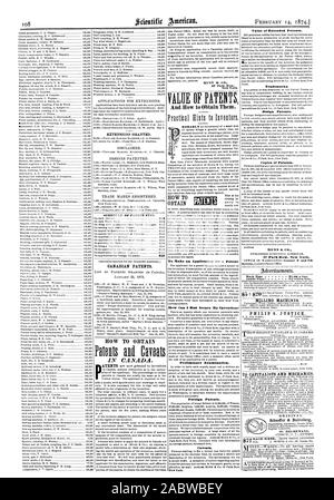 Febbraio 14 1874.1 applicazioni per interni. Le proroghe accordate. Clausola di esclusione di responsabilità. DESIGNS brevettati. I marchi di impresa registrati. Elenco delle tasse principali in materia di brevetti. I brevetti Canadesi. 0W per ottenere brevetti tutti i lettini IN CANADA. MUNN & CO. 37 Park Kew New York. OE di brevetti e di come ottenerli. Per fare una domanda per un brevetto. Come posso fissare meglio la mia invenzione? Da un esame preliminare. Brevetti stranieri. Avvertenze. New York. Valore dei brevetti estesi. Marchi di fabbrica. I brevetti di design. Le copie dei brevetti. MUNN & CO. 37 Park Bow New York. Torna alla pagina precedente 51.00 una linea. Fresatrici. PHILIP S. giustizia ai capitalisti e Foto Stock