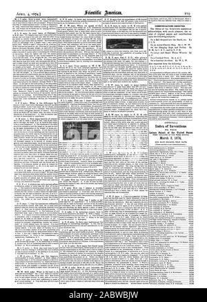 Comunicazioni ricevute. Indice delle invenzioni lettere di Brevetto degli Stati Uniti 3 marzo 1874, Scientific American, 1874-04-04 Foto Stock