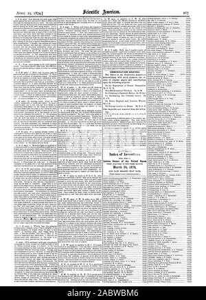 Comunicazioni ricevute. Indice delle invenzioni lettere di Brevetto degli Stati Uniti il 24 marzo 1874, Scientific American, 1874-04-25 Foto Stock
