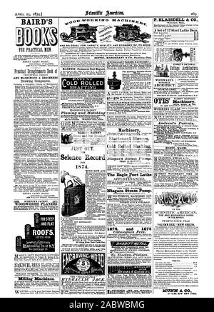 Cinghia di corda e di rottura del motore. Sicurezza Smoke-Burning caldaie. Motori oscillante doppia e singola 1-2 100-Horse power. al minuto pompe migliori nel mondo passano il fango sabbia, ghiaia carbone ecc granella con le lesioni. Tutta la luce semplice robusto ed economico. Invio di circolari. Soldi-salari. HUSSEY'S nazionale nazionale di Baird, Scientific American, 1874-04-25 Foto Stock