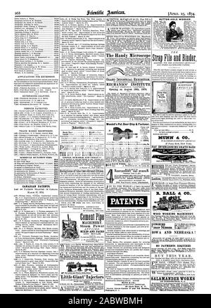 Elenco delle tasse principali in materia di brevetti. I brevetti Canadesi. Pagina interna 75 centesimi una linea. Il sole illuminatore di gas. Il comodo microscopio GRAND esposizione industriale aprendo il 18 agosto 1874. zoom brevettato a gennaio 1871. Nessun pagamento richiesto SALAMANDER lavora h s 20 pollici torni di oscillazione. Tutte le parti sono l'Inter. 'Little Giant' iniettori durevoli semplici ed economici III tubazione preferirà Wendell il Pat. Door-Stop & lampo. 25 centesimi. RIGBY i brevetti di D1UNN & CO. Pulsante foro-LAVORATORE. MUNN CFC CO. PAT ad incastro le orecchie della griglia R. BALL & CO. MURDERi4 SALAMANDkR G UNA BARRA E CO. Lavorazione del legno macchinari., Scientific American, 1874-04-25 Foto Stock