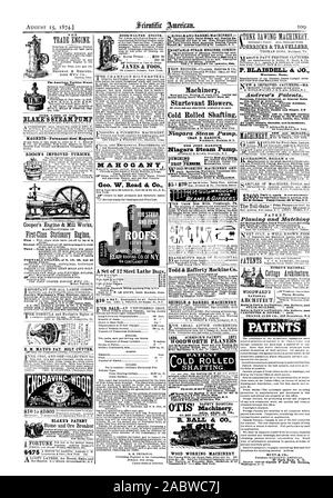 100-Horse power. u al minuto pompe di barbabietola nel mondo passano il fango sabbia, ghiaia carbone ecc granella con le lesioni. Tutta la luce semplice durevole. ed economico. Invio di circolari. II T e l'Americano di acqua a turbina BOOKWALTER Ruota motore. Per ripida noors., Scientific American, 1874-08-15 Foto Stock