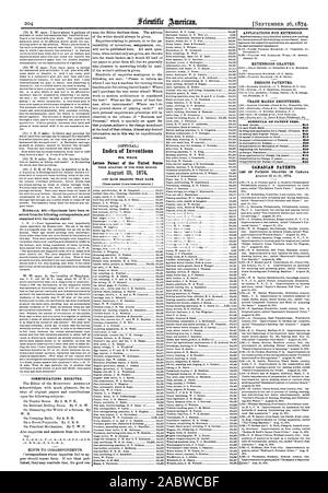 Il 26 settembre 1874. Comunicazioni ricevute. Indice delle invenzioni lettere di Brevetto degli Stati Uniti il 25 agosto 1874 LA PIANIFICAZIONE DEI DIRITTI DI BREVETTO. I brevetti Canadesi., Scientific American, 1874-09-26 Foto Stock