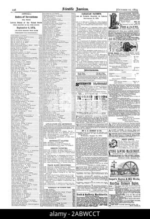 Motore. fOFFICIAL.1 Indice delle invenzioni lettere di Brevetto del Regno. Membri 8 settembre 1874 le domande di estensione. Le proroghe accordate designs brevettati. I marchi di impresa registrati. I brevetti Canadesi. Torna alla pagina precedente 81.00 una linea. all'interno della pagina 75 centesimi una linea. OIENCE S FOff 0c tufikli. ORBID DI MIGHTY 1VFOODS LLL CERVE." da S. G. HENRY & CO. L'assegnatario è IN VENDITA IN BANERUPTCY del reale e la proprietà personale di Louisville potenza vapore azienda. Mercoledì 14 Ottobre 1874. OOKS PER SELF-ISTRUZIONE DI Todd & Rafferty Machine Co. Agenti per il nuovo "Haven Manufacturing Co.'s Machin. stazioni di ha battuto Foto Stock