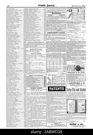 Le domande di proroga. Le proroghe accordate designs brevettati. I marchi di impresa registrati. Elenco delle tasse principali in materia di brevetti. I brevetti Canadesi. Adrettiotratut0. Assegnatario di vendita. 37 Park Row N. Y. 180 Fulton San New York. MUNN ti CO., Scientific American, 1874-10-24 Foto Stock