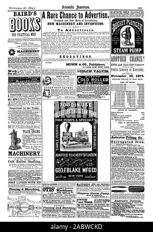 Adatto a ogni desidera. Archivio di sicurezza degli ascensori. Prevenire incidenti cintura di tessuto e di rottura del motore. Sicurezza Smoke-Burning caldaie. Motori oscillante doppia e singola 1-2 100-potenza. Tutta la luce. Semplice. Robusto ed economico. Inviare per scherzo circolare. D. ANDREWS UN EE 414 Water Street New York, Scientific American, 1874-11-28 Foto Stock