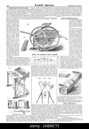 Patate migliorato il coltello e la piantatrice. MEWBORNE della coppiglia di patate. BROADBOOKS' EXCELSIOR forbici. -- Mining in Massachusetts. MEWBORNE migliorata piantatrice di patate, Scientific American, 1875-01-23 Foto Stock