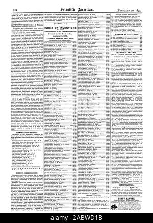 Comunicazioni ricevute. Indice delle invenzioni FOE che lettere di Brevetto degli Stati Uniti sono stati concessi per la settimana che termina il 19 gennaio 1875 e ogni cuscinetto che data. I BREVETTI canadesi all'interno della pagina 75 centesimi una linea. HENRY BAWDEN Princess Street Kingston Canada banda universale macchina levigatrice. auto-cross feed. Lavoro di risparmio invenzione quickl eaves il suo costo ID mani di tutti rnetal.struttura di lavoro., Scientific American, 1875-02-20 Foto Stock