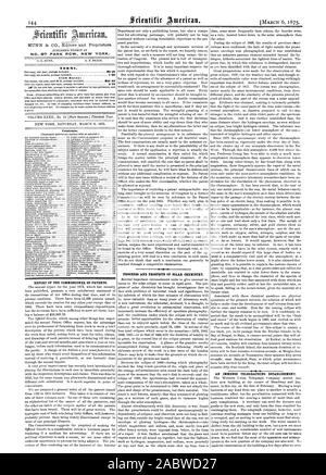 MUNN & CO. Editori e proprietari. N° 87 PARK ROW NEW YORK. Termini. Tariffe club: Contentss. Relazione del Commissario dei Brevetti. I progressi e le prospettive della chimica solari. Un immenso stabilimento TELEGRAPHING. 210 1875 Scientific American INC, 1875-03-06 Foto Stock