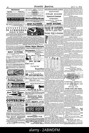 Per gli inventori e i fabbricanti di Mulino opere di arredo in ferro per ruspe LUMBERMEN. $100.00 nel freddo. Frese a vite. Il cemento Portland. Lo standard migliore Stock-finitura più raffinati. Fabbricati soltanto nazionale dal tubo di acciaio pulitore. NON combustibili di caldaia a vapore E TUBO CHE COPRE LA MIGLIOR INIETTORE HARTFORD la caldaia a vapore di ispezione e compagnia di assicurazione. W. B. Ilsannia. V. Pt. I. M. Ames Prat HARTFOED anta valore titolare di brevetti e di come ottenerli. Come posso fissare meglio la mia invenzione ho esame preliminare. Per fare una domanda per un brevetto. I brevetti canadesi. Marchi di fabbrica. Le copie dei brevetti. Scientifica Foto Stock