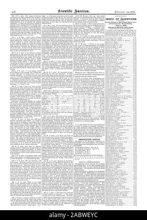 Comunicazioni ricevute. Indice delle invenzioni lettere di Brevetto degli Stati Uniti sono state concesse per il fine settimana e ogni cuscinetto che data., Scientific American, 1876-08-12 Foto Stock