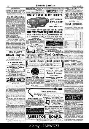 Cotton Mills e negozi di macchina il governatore Allen CO. Boston. Pressione di stallo di cavallo piano 256 Broadway Chelsea messa. La BIGELOW motore di vapore. Il più conveniente e migliore del mercato. Inviare per circolare descrittivo e listino prezzi. H. B. BICELOW & CO. New Haven, Connecticut. LeCOUNT del brevetto di macchinisti di strumenti". Avvertenze copyright marchi ecc. STROUDSBURG PA. Mole smeriglio e rettificatrici. Meriden conn. Radici' FORZA SOFFIANTE BLAST. Di DISTRIBUZIONENEL PRIMO PREMIO ATTRIBUITO DI PARIGI E DI VIENNA. Velocità solo 100 a 250 REV. PER M. salva la metà della potenza necessaria per la ventola. P. H. & F. M. RADICI settori manifatturiero"rs CONNERSVILLE IND. GUILD & Garrison 34 A Foto Stock