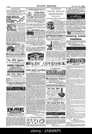 La SOCIETE ANONYME pour l'exploitation de Brevetti Rue de Flandre Parigi Francia. Riferimenti: Mackay macchina da cucire Association Boston Massachusetts vertising e la stampa. Catalogo delle presse schede tipo di legname di legno duro e impiallacciature. CEO. W. Lettura & CO. 186 a 200 Lewis San New York. Avvertenze COPYRIGIITS MARCHI ecc. Termini. 'Specifiche. NUNN & CO. Caldaia COVERINCS. Con il "AIR SPACE' miglioramenti., Scientific American, 1879-08-30 Foto Stock