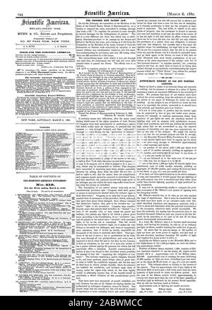 N° 87 PARK ROW NEW YORK. Termini per la Scientific American. Il Scientific American Supplement1 Scientific American edizione di esportazione. Contenuto. Il Scientific American SUPPLEMENT 123. Per la settimana che termina il 6 marzo 1880. La nuova proposta di legge sui brevetti. Economia approssimativo di gas e di illuminazione elettrica., 1880-03-06 Foto Stock